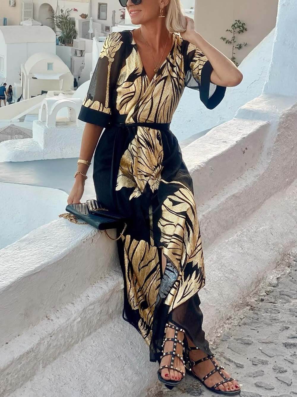 Unieke Casual Gedrukte V-Hals Losse Maxi Jurk