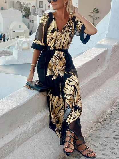 Unieke Casual Gedrukte V-Hals Losse Maxi Jurk