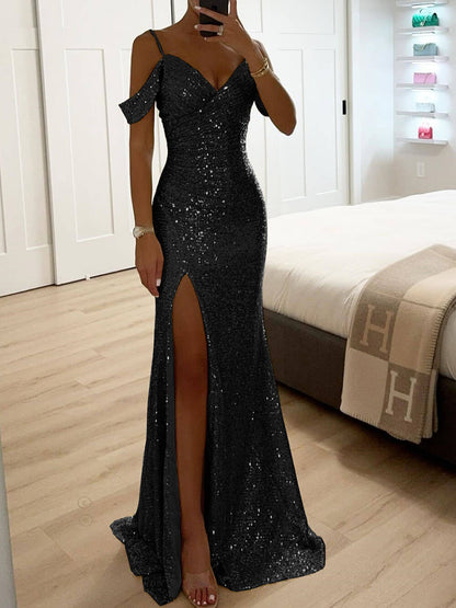 Elegante V-hals Pailletten Jurk met Split en Mouwen Maxi Dress