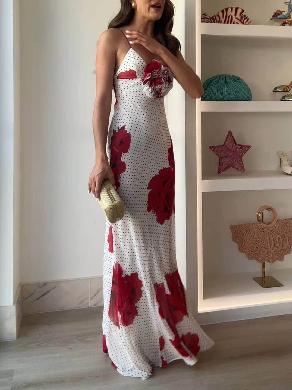 Elegante Bloemenprint Met Poka Dot Slip Maxi Jurk
