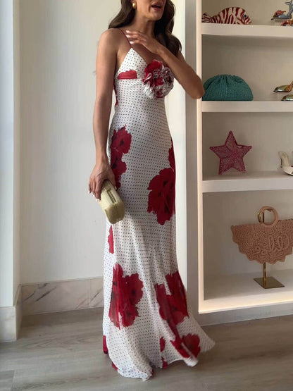 Elegante Bloemenprint Met Poka Dot Slip Maxi Jurk