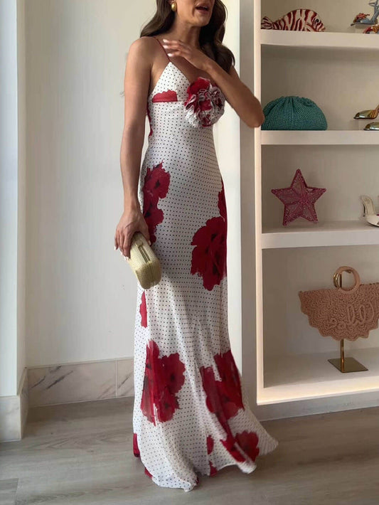 Elegante Bloemenprint Met Poka Dot Slip Maxi Jurk