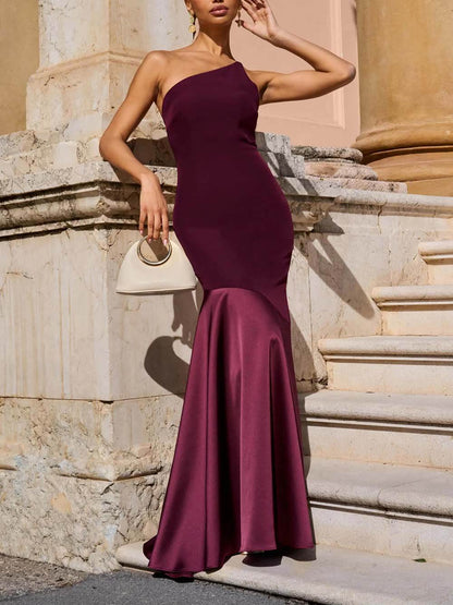 Elegante Maroon One-Shoulder Paneel Zeemeermin Maxi Jurk