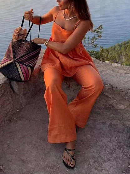 Classic Solid Color Casual Suspender Loose Top en Elastische Taille Brede Pantalon Set