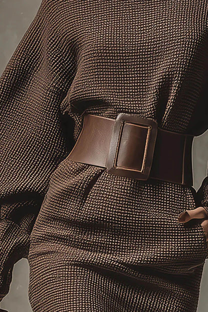 Mode Effen Kleur Lantaarn Mouw Hoge Taille Met Ceintuur Gebreide Mini Jurk