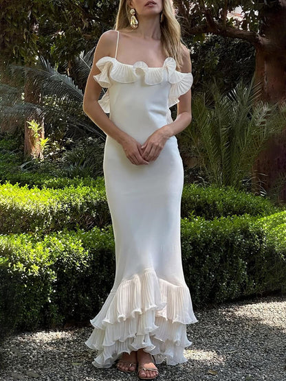 Elegante Geplooide Chiffon Ruffle Trim Spaghetti Strap Maxi Jurk