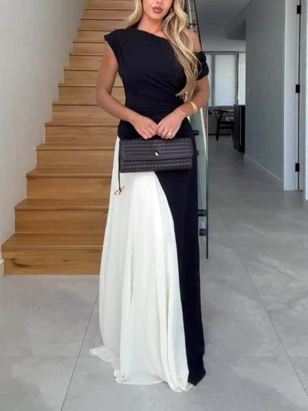 Elegante Asymmetrische Off-Shoulder Plissé Maxi Jurk