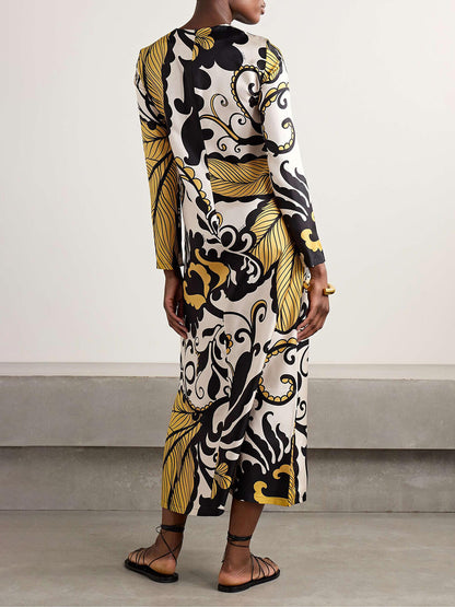 Unieke Satijnen Swing Print Twill Midi Jurk