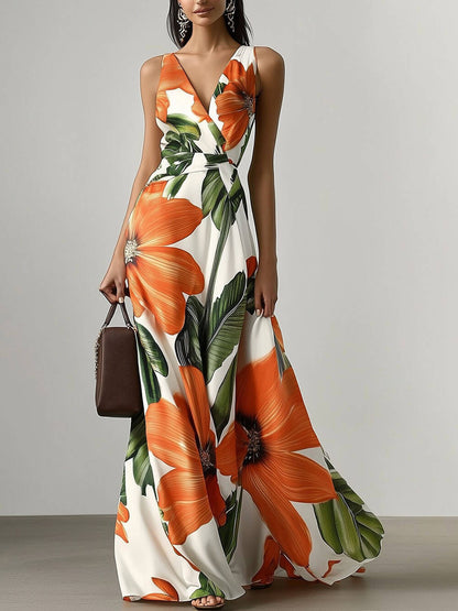 Elegante Bloemenprint Klassieke V-Hals Mouwloze A-Lijn Maxi Jurk