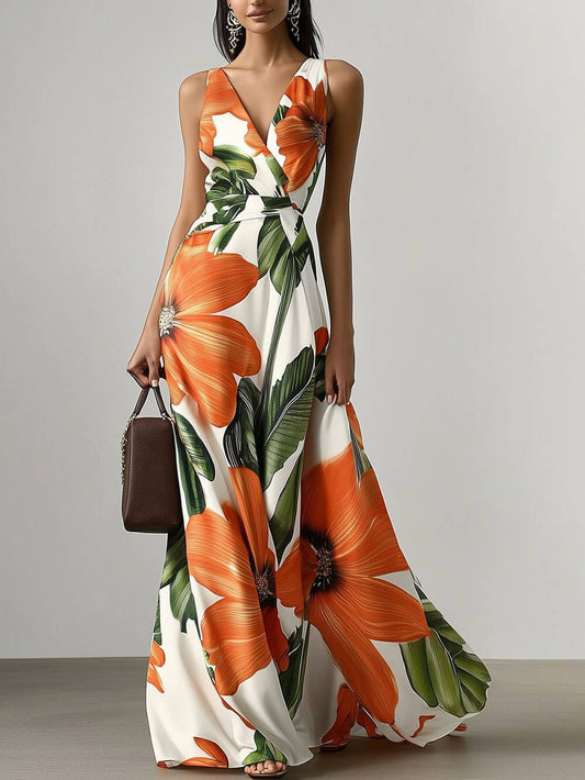 Elegante Bloemenprint Klassieke V-Hals Mouwloze A-Lijn Maxi Jurk