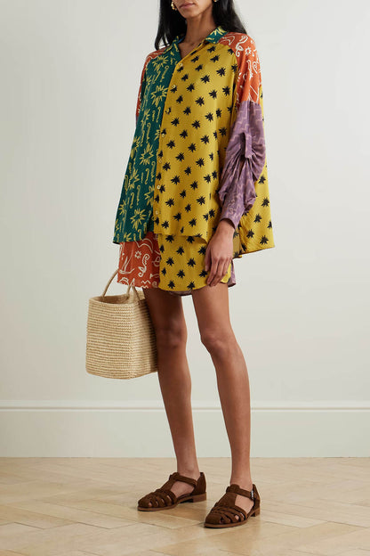 Uniek Gedrukt Crêpe Shirt en Elastische Taille Shorts Set