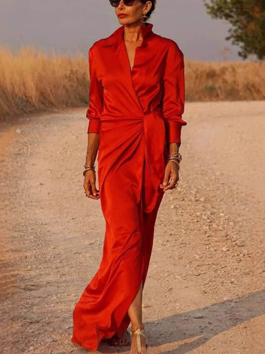 Moderne Satijnen Wikkel Shirt-Stijl Strik-Split Maxi Jurk