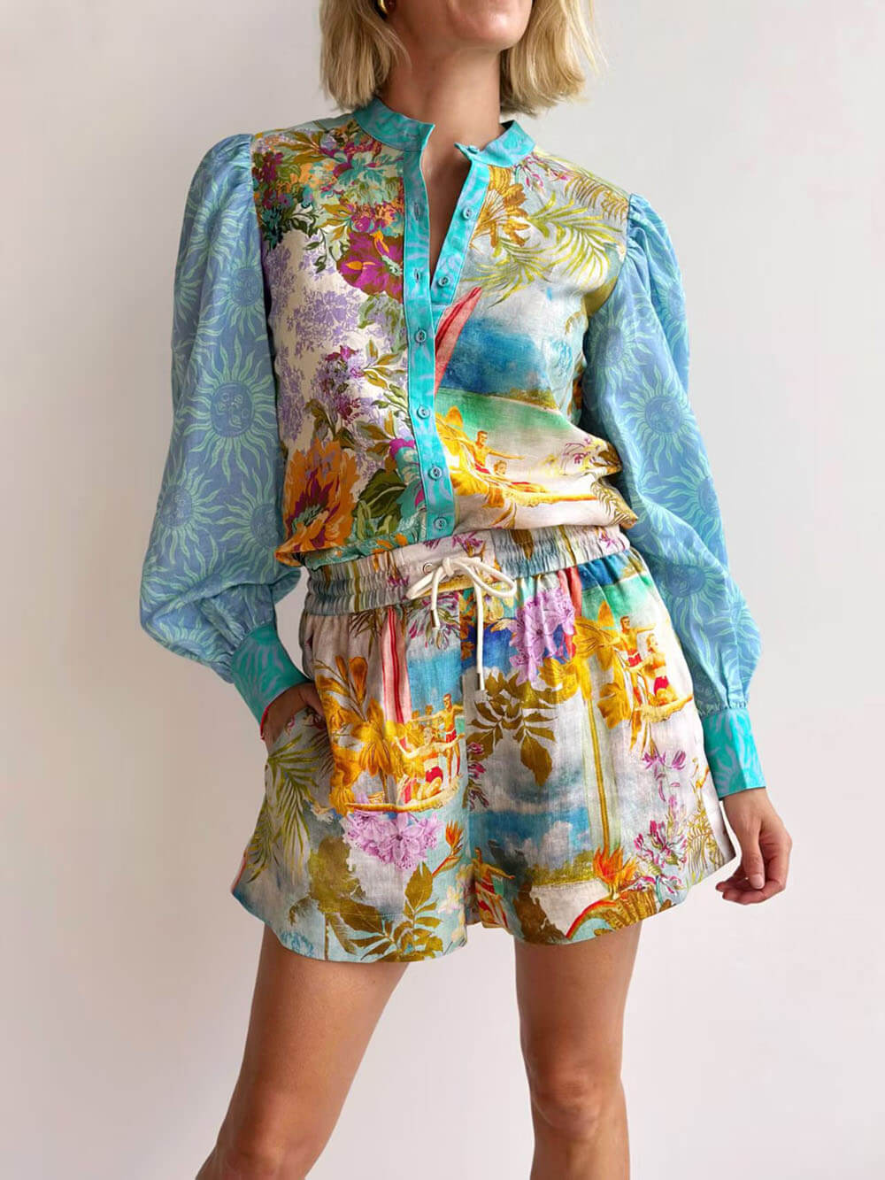 Klassieke Unieke Print Linnen Lange Mouwen Shirt En Shorts Set
