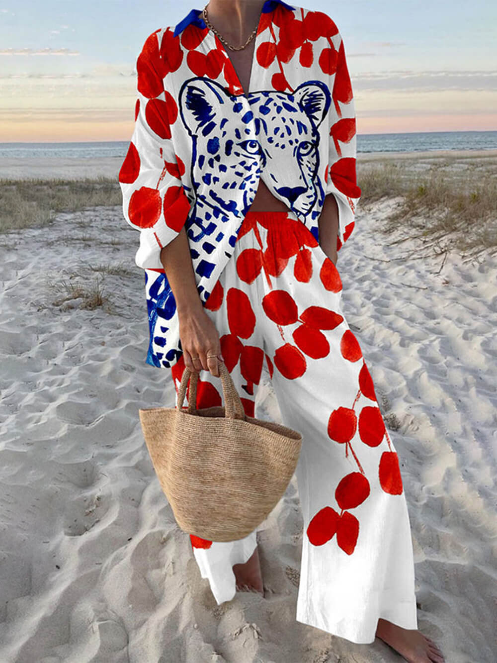 Unieke Oversized Shirt met Pois en Luipaardprint en Broek met Elastische Taille en Zak