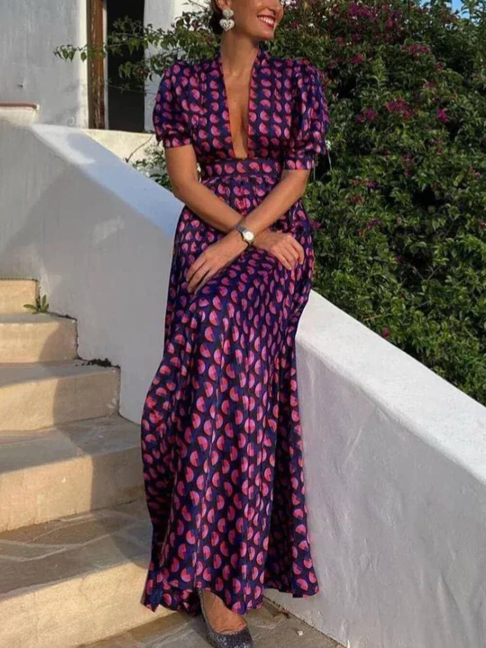 Retro Bloemenprint Puff Sleeve Loose A-Lijn Maxi Jurk