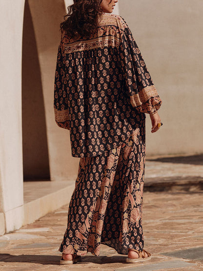 Boho Gedrukt Drapeer Shirt En Hoge Taille Maxi Rok Set