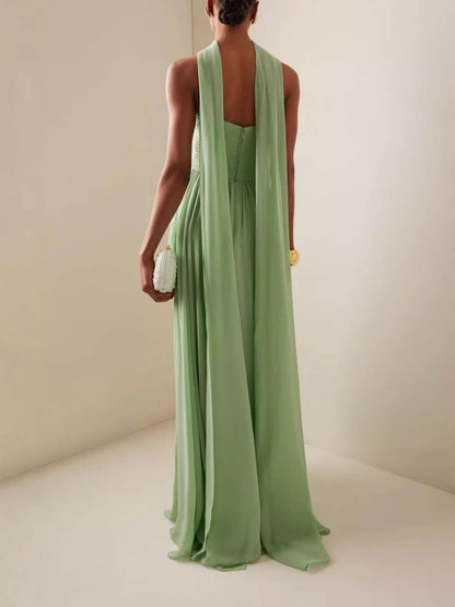 Elegante Mouwloze Plissé Lange Rok Met Riemloze Jurk