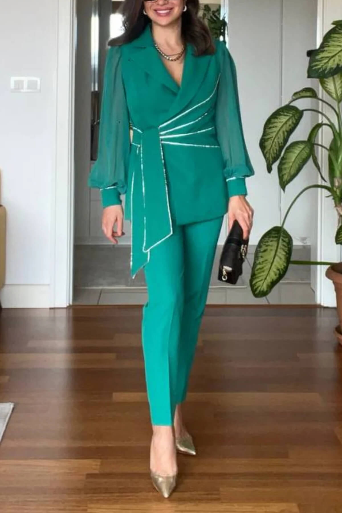 Elegante V-hals Kleurblok Geknoopte Blouse & Hoge Taille Tapered Broek Set
