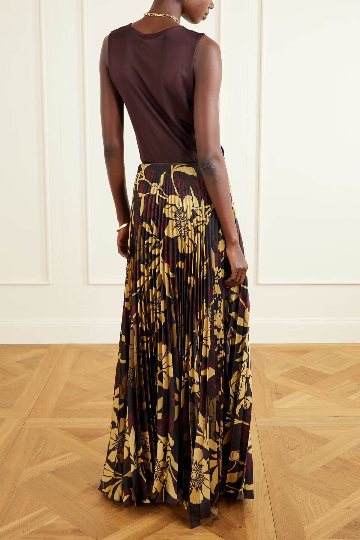 Elegante Satijnen Plissé Tanktop en Plissé Gedrukte Twill Rok Set