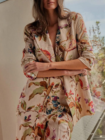 Exquise Retro Bloemenprint Lape Blazer Losse Zak Brede Pantalon Set