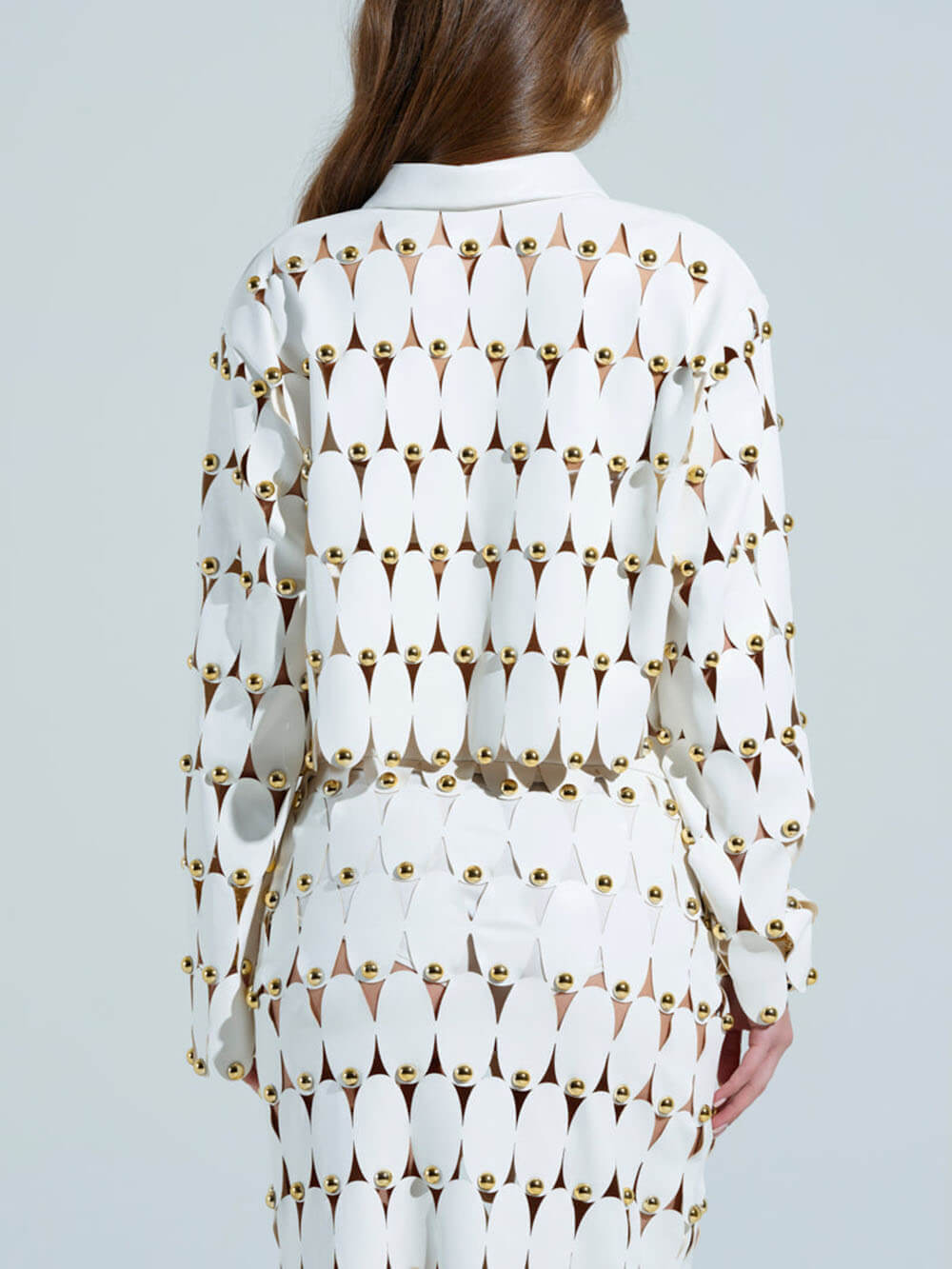 Exquise Cut-Out Studded PU Cropped Cardigan Top en Maxi Rok Set
