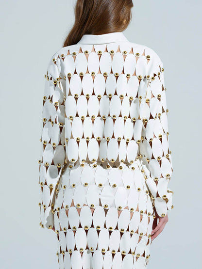 Exquise Cut-Out Studded PU Cropped Cardigan Top en Maxi Rok Set