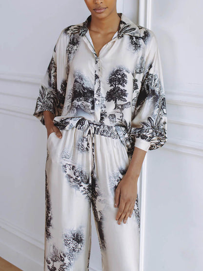 Unieke Bloemenprint Losse Top En Elastische Taille Wijde Broek Set