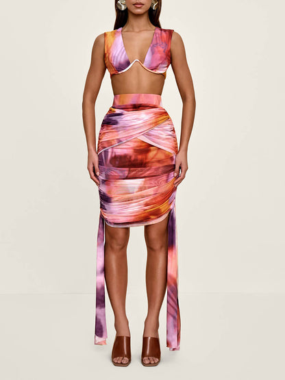 Mode Tie-Dye Print Crop Tank en Verstelbare Drawstring Taille Mini Rok Set