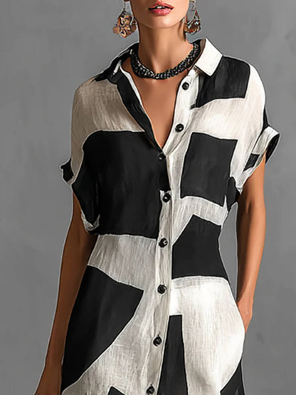 Exquise Irregulaire Geometrische Print Kraag Enkel-Breasted Korte Mouwen Maxi Shirt Jurk