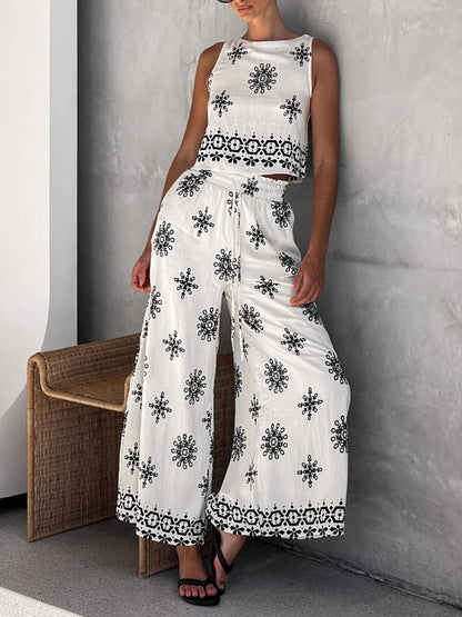 Modieuze en Casual Unieke Geprinte Linnen Vest Brede Pantalon Set