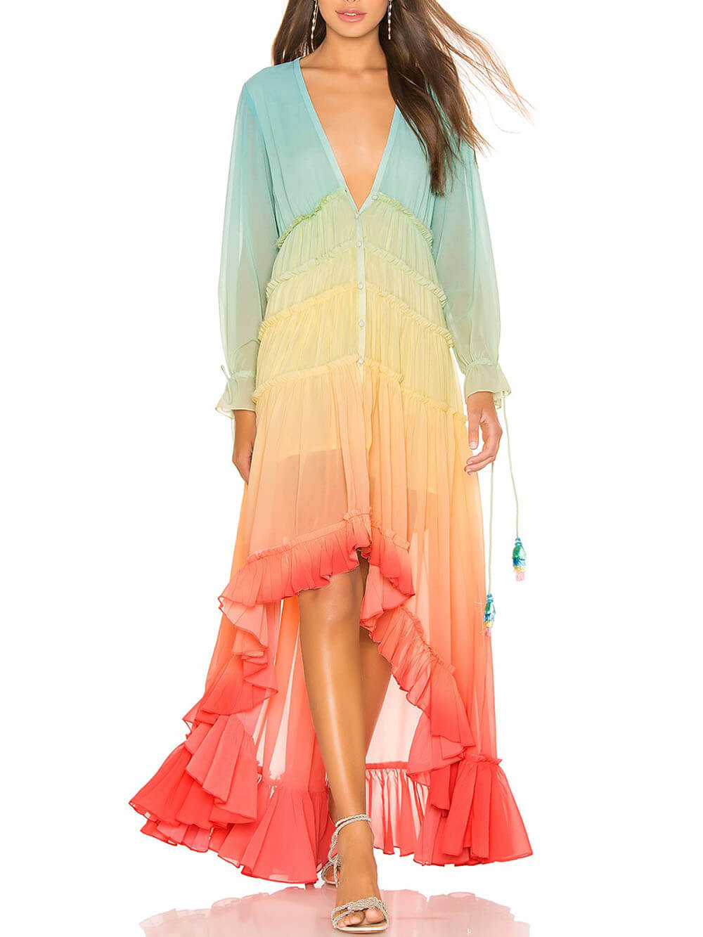 Unieke Gradient Print Bohemian Regenboog Tiered Maxi Jurk