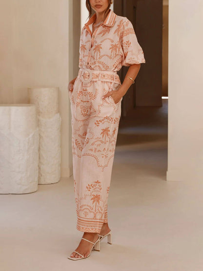 Casual Temperament Geprinte Linnen Korte Mouwen Top Met Riem En Rechte Broek Set