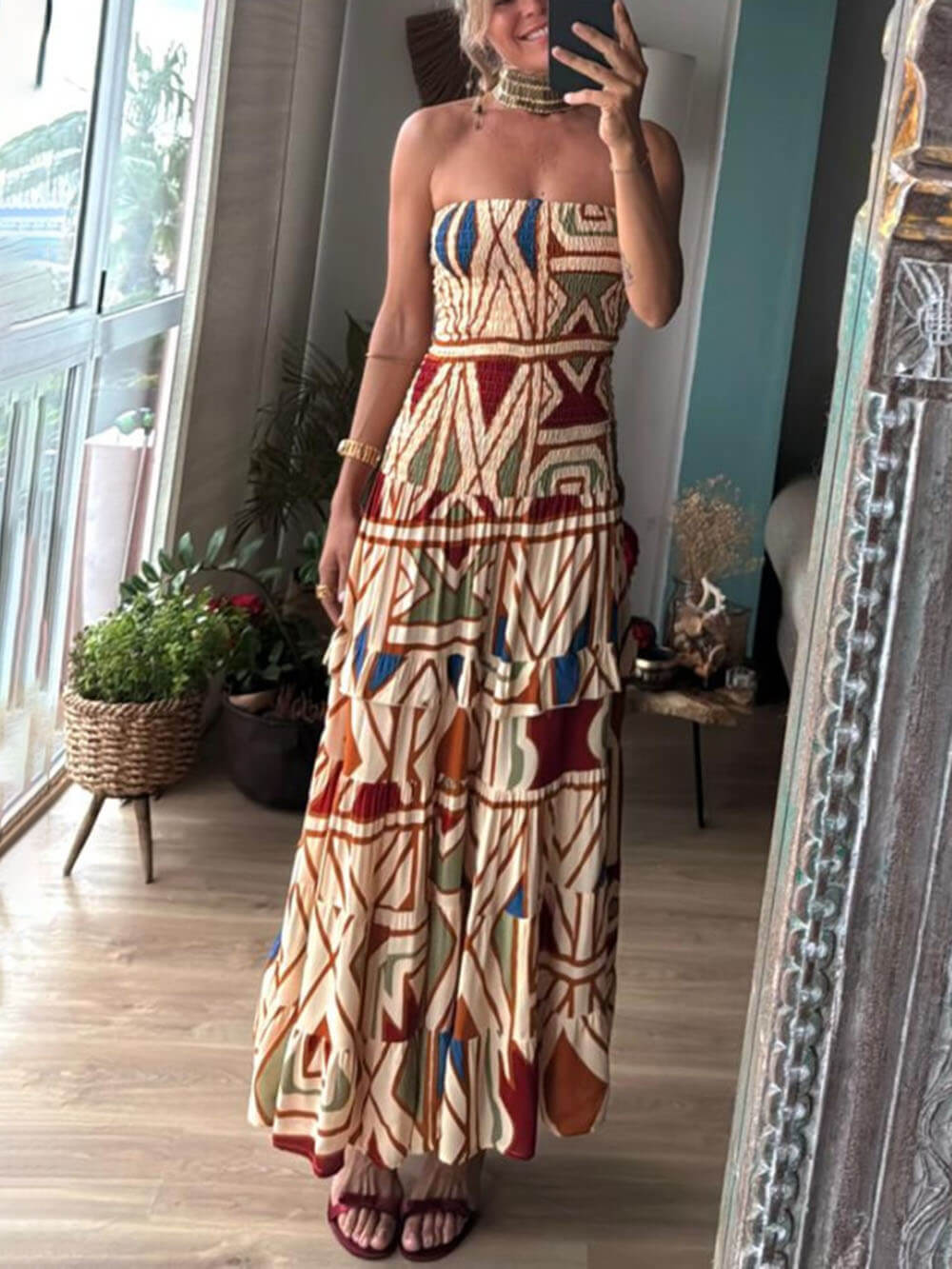 Chic Perfecte Stijl Uniek Bloemig Patroon Elastische Bandeau Maxi Jurk