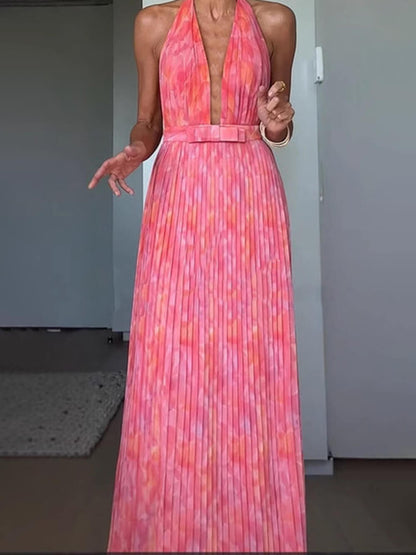 Elegante Halter V-Hals Open Rug Geprinte Plissé Maxi Jurk