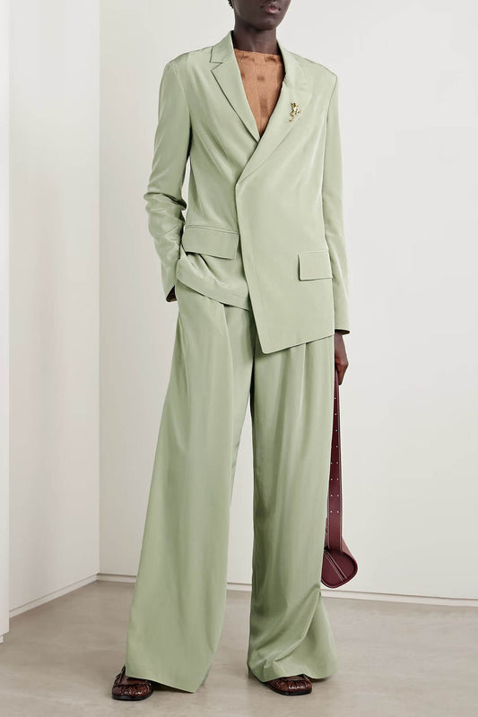 Mode Asymmetrische Crepe Blazer Geplooide Zak Brede Pantalon Set