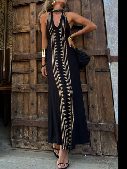 Unieke Meret Gouden Geometrische Print Halter Rugloze Stretch Maxi Jurk