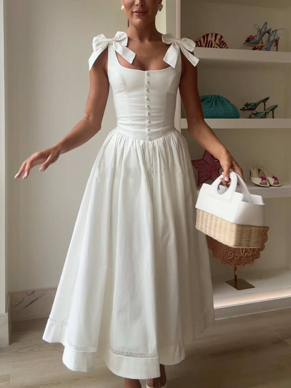 Retro Drape Strik Plissé Midi Jurk