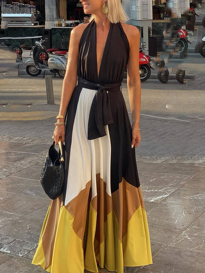 Elegante Geometrische Patchwork Rugloze Maxi Jurk met Strik