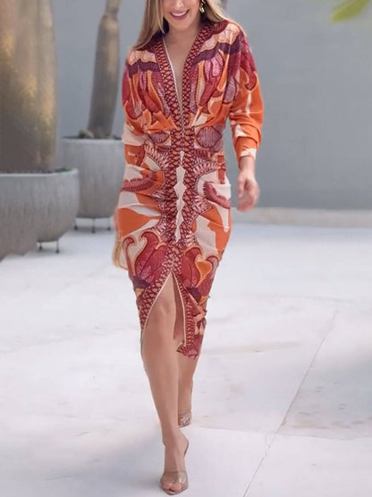 Elegante Bloemenprint Sexy V-Hals Lange Mouwen Split Jurk
