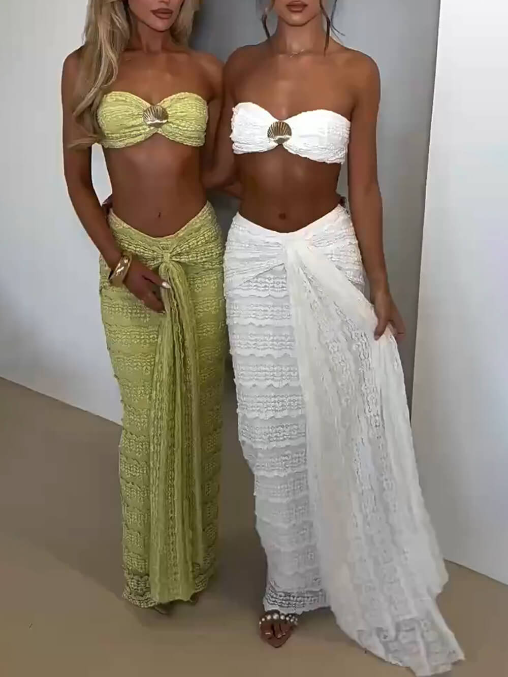Elegante Strapless Top met Schelpversieringen & Rimpelrok Set