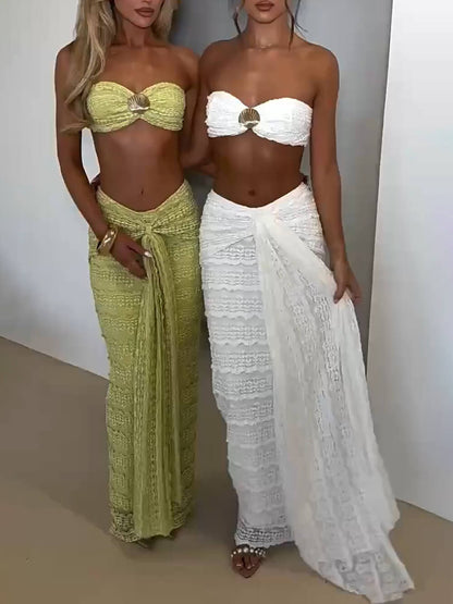 Elegante Strapless Top met Schelpversieringen & Rimpelrok Set