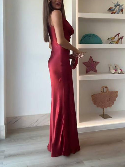 Elegante Geplooide Gestapelde V-Hals Rugloze Feest Maxi Jurk