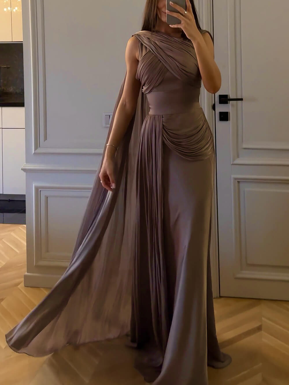 Elegante Gedrapeerde Sash Satijnen Avondjurk Maxi Dress