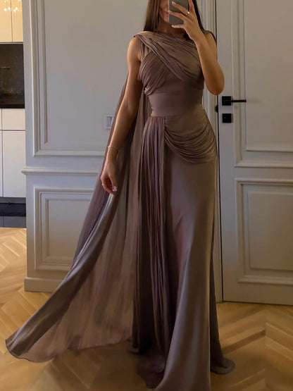 Elegante Gedrapeerde Sash Satijnen Avondjurk Maxi Dress