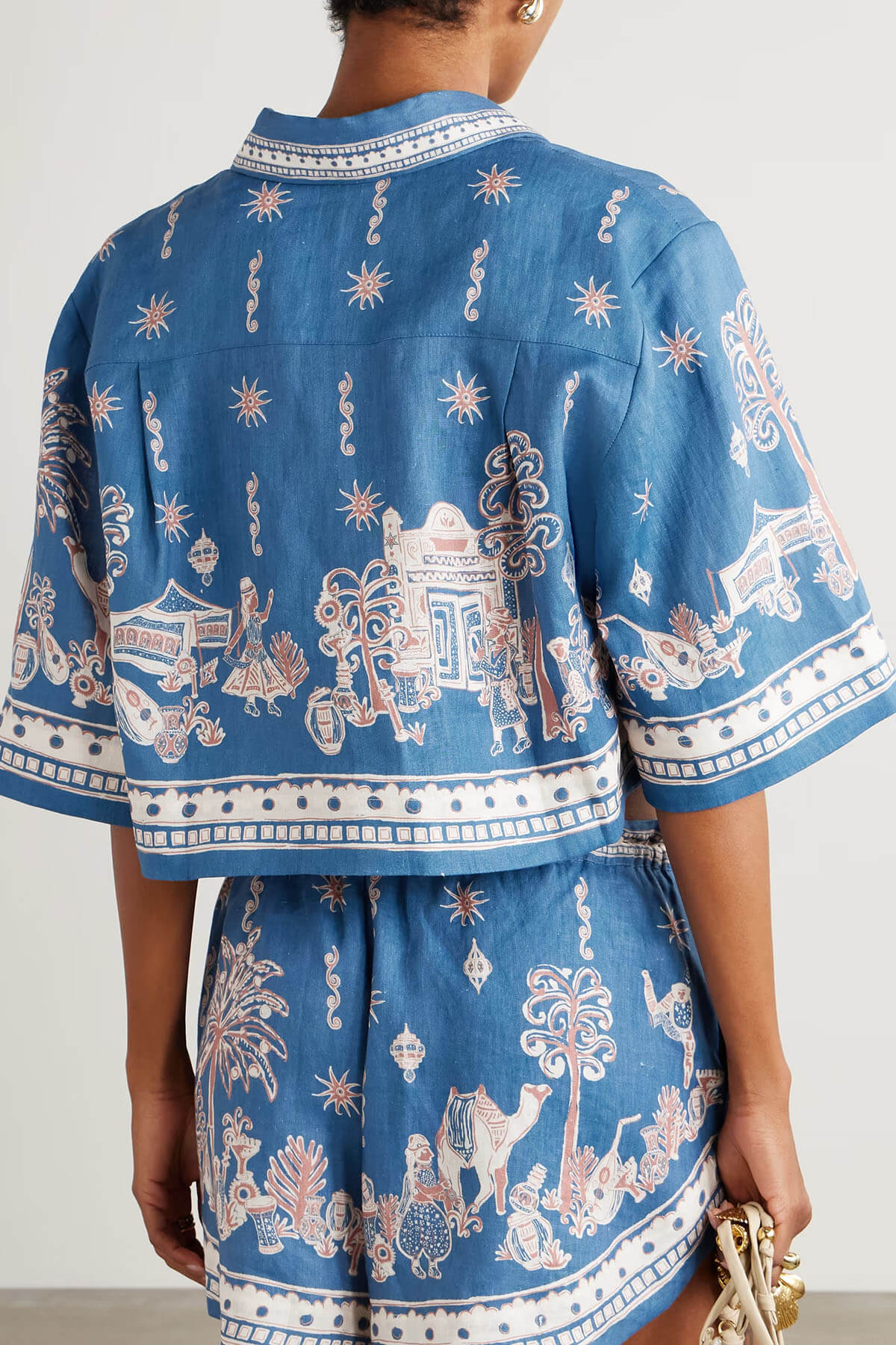 Unieke Bloemenprint Linnen Korte Mouwen Shirt en Shorts Set