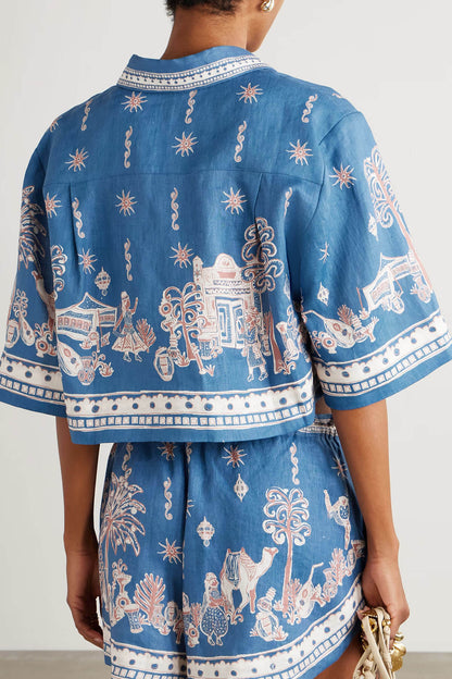 Unieke Bloemenprint Linnen Korte Mouwen Shirt en Shorts Set