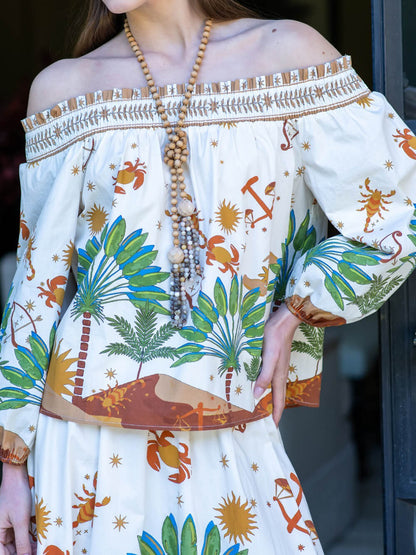 Moderne Unieke Satijnen Print Off-Shoulder Shirt en Elastische Taille Rok Set