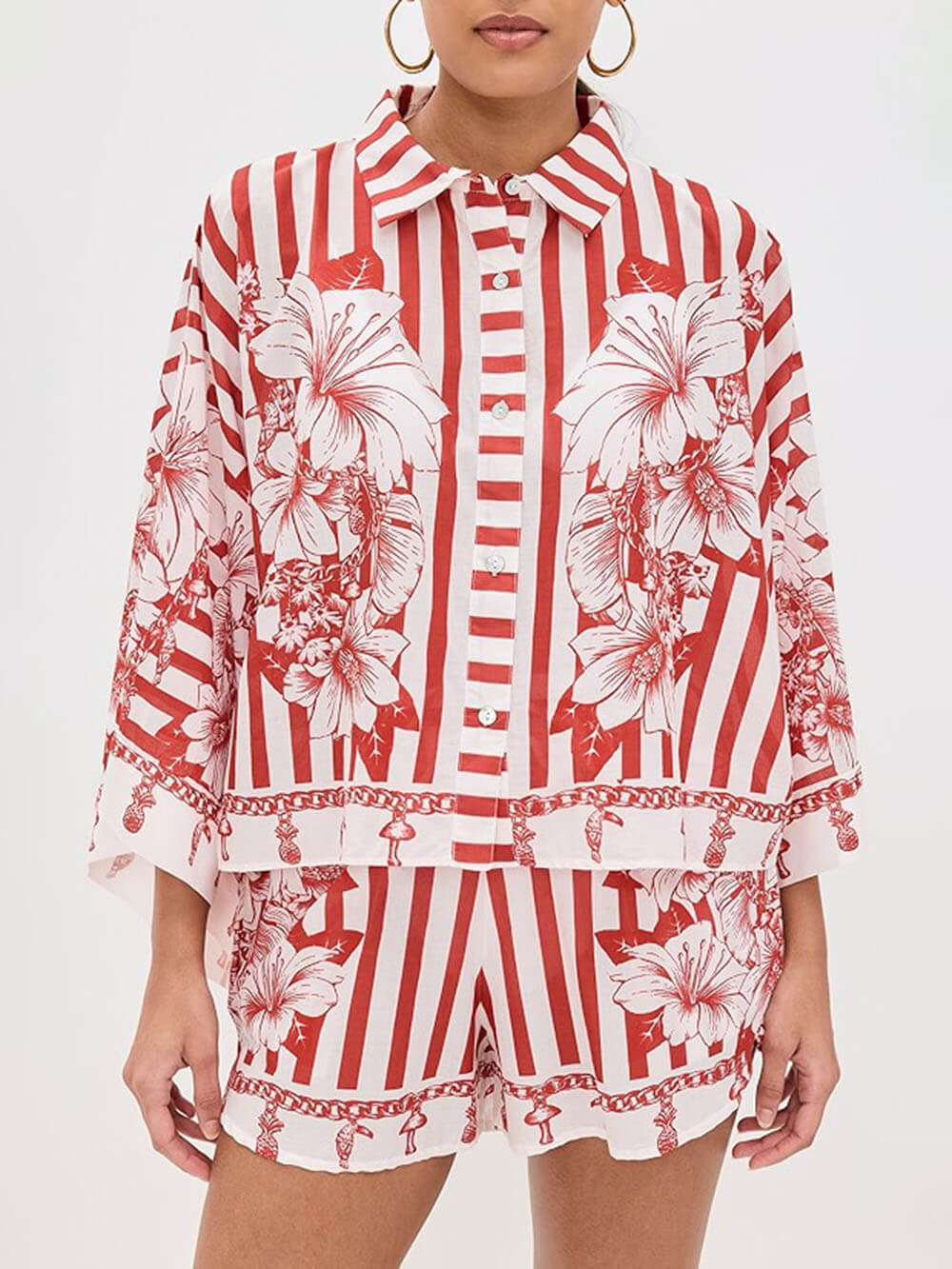 Unieke Bloemenprint Wijd Mouwen Shirt en Elastische Taille Zakshorts Set