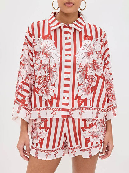 Unieke Bloemenprint Wijd Mouwen Shirt en Elastische Taille Zakshorts Set