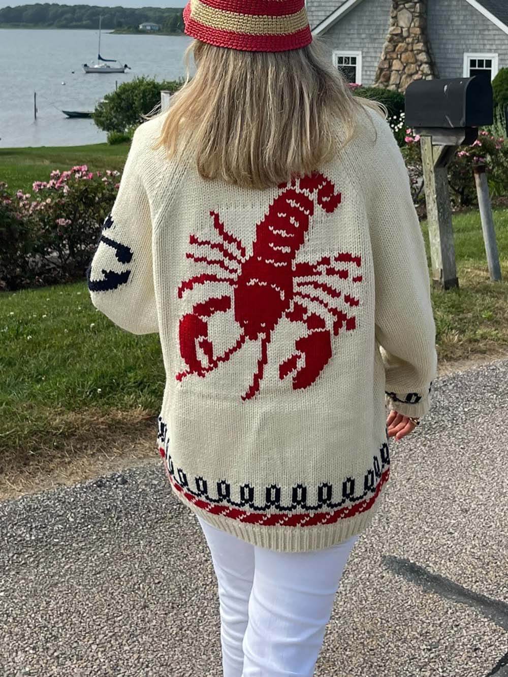 Unieke Mode Kreeftenprint Casual Lange Mouw Brei Cardigan